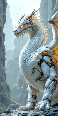 Primary subject: A white dragon with a mechanical body.

Setting/background: A mountainous landscape with a rocky background.

Visual style: Digital art.

Colors and mood: The dragon has a white and yellow color scheme, giving it a futuristic and mechanical appearance. The overall atmosphere is one of power and technology.